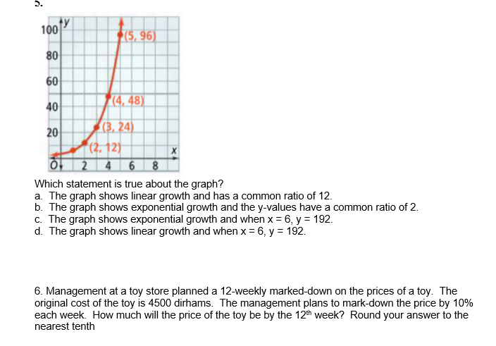 5.
ty
100
(5, 96)
80
60
40
(4, 48)
20
(3, 24)
(2, 12)
2 4 6 8
Which statement is true about the graph?
a. The graph shows linear growth and has a common ratio of 12.
b. The graph shows exponential growth and the y-values have a common ratio of 2.
c. The graph shows exponential growth and when x = 6, y = 192.
d. The graph shows linear growth and when x = 6, y = 192.
6. Management at a toy store planned a 12-weekly marked-down on the prices of a toy. The
original cost of the toy is 4500 dirhams. The management plans to mark-down the price by 10%
each week. How much will the price of the toy be by the 12th week? Round your answer to the
nearest tenth
