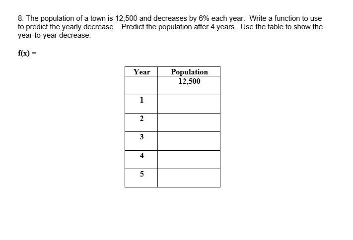 8. The population of a town is 12,500 and decreases by 6% each year. Write a function to use
to predict the yearly decrease. Predict the population after 4 years. Use the table to show the
year-to-year decrease.
f(x) =
Year
Population
12,500
1
3
4
5
2.
