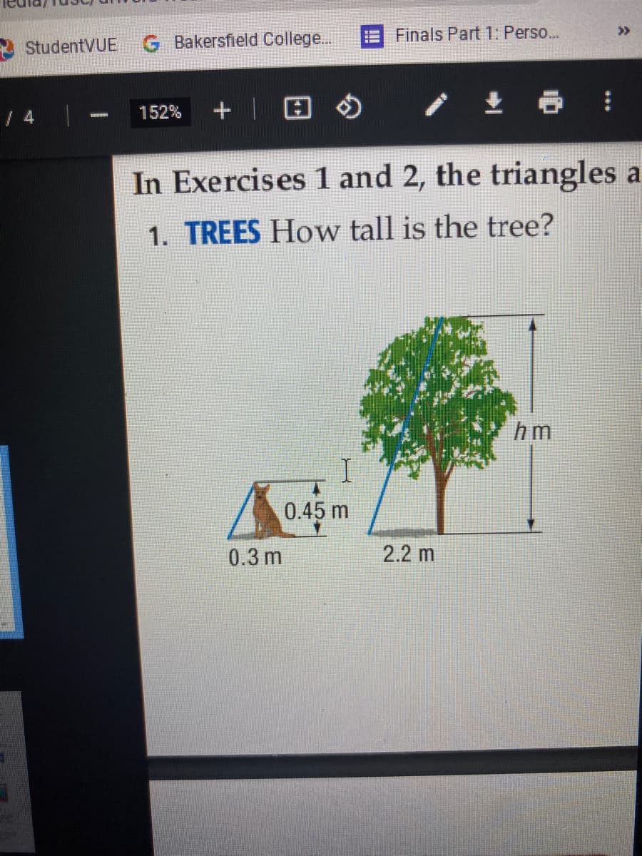 G Bakersfield College...
Finals Part 1: Perso...
>>
StudentVUE
/ 4
152%
In Exercises 1 and 2, the triangles a
1. TREES How tall is the tree?
hm
0.45 m
0.3 m
2.2 m
