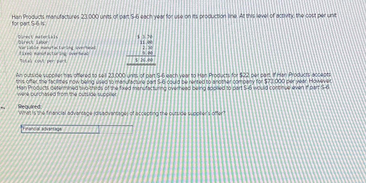 Han Products manufactures 23,000 units of part S-6 each year for use on its production line. At this level of activity, the cost per unit
for part S-6 Is
Direct materials
Direct labor-
Variable manufacturing overhead
$13.70
11.00
2130
Fixed manufacturing overhead
Total cost per part
19.00
$ 26.00
An outside supplier has offered to sell 23,000 units of part S-6 each year to Han Products for $22 per part. If Han Products accepts
this offer, the facilities now being used to manufacture part S-6 could be rented to another company for $73.000 per year However,
Han Products determined two-thirds of the fixed manufacturing overhead being applied to part S-6 would continue even if part $-6
were purchased from the outside supplier.
Required:
What is the financial advantage (disadvantage) of accepting the outside supplier's offer?
Financial advantage