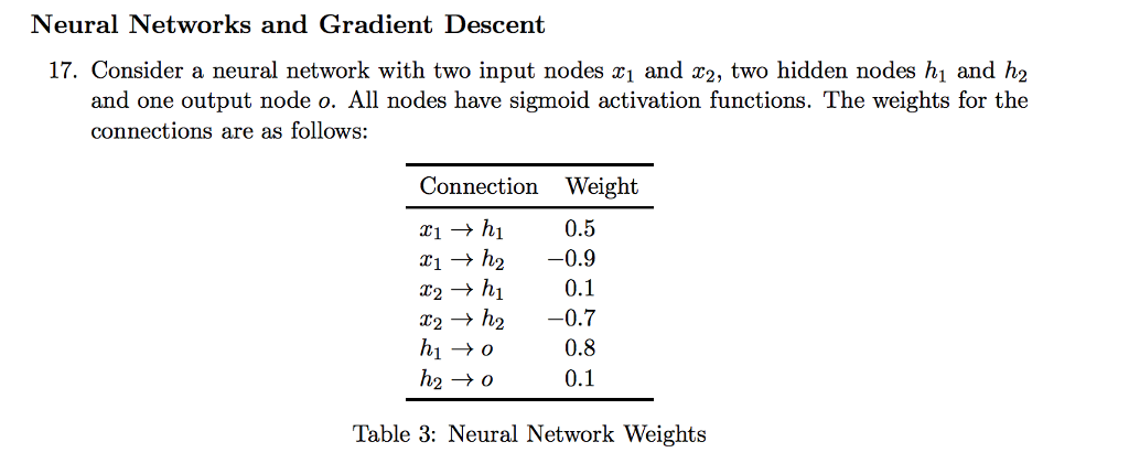 Neural Networks and Gradient Descent
17. Consider a neural network with two input nodes x1 and x2, two hidden nodes h1 and h2
and one output node o. All nodes have sigmoid activation functions. The weights for the
connections are as follows:
Connection Weight
xi → hi
0.5
X1 → h2
X2 → hj
X2 → h2
hi → o
-0.9
0.1
-0.7
0.8
h2 → o
0.1
Table 3: Neural Network Weights
