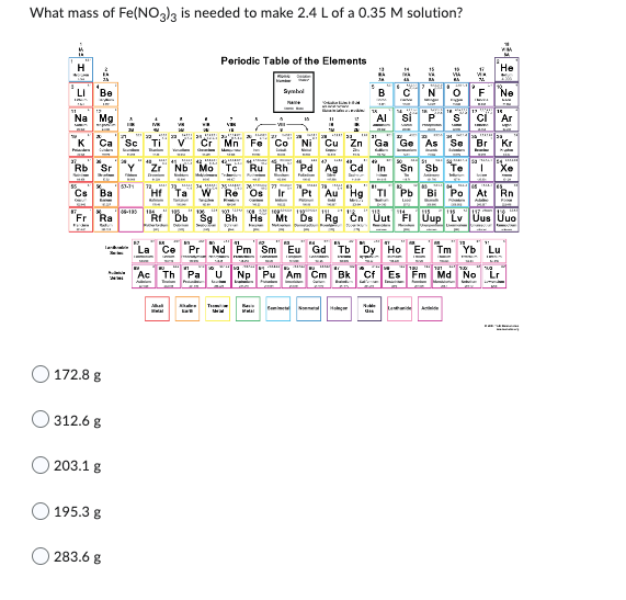 What mass of Fe(NO3)3 is needed to make 2.4 L of a 0.35 M solution?
H
LI
Be
Na Mg
K
Rb
Sr
Cs Ba
Fr Ra
172.8 g
312.6 g
203.1 g
195.3 g
283.6 g
53-31
08-135
Periodic Table of the Elements
Wwww EDWA
Cr Mn
Ti
Zr Nb Mo
35
"Hf Ta W Re
Tc
Rf Db Sg Bh
Symbol
Co
15
Cu
Cd
26
78.
Os "Pt Au Hg
Ru Rh Pd Ag
B
La Ce Pr Nd Pm Sm Eu Gd Tb Dy Ho
"Ac Th Pa U Np Pu Am Cm Bk Cf
das
P
He
F Ne
S CI Ar
Se Br Kr
Xe
150,
Hs Mt Ds Rg Cn Uut "FI Uup Lv Uus Uuo
Po At Rn
Fm Md No
Lu
Ta