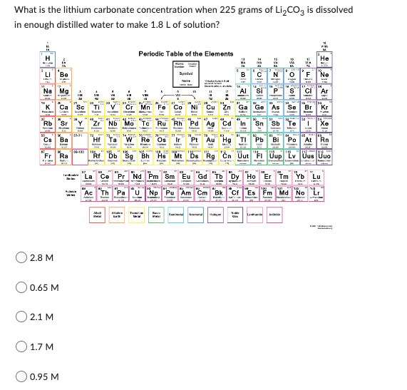 What is the lithium carbonate concentration when 225 grams of Li₂CO3 is dissolved
in enough distilled water to make 1.8 L of solution?
H
LI Be
Na Mg
Rb Sr
Cs Ba
B
Fr
2.8 M
O 0.65 M
2.1 M
Ca Sc
O 1.7 M
0.95 M
Ra
53-31
Ti
Ac
Hf
EMER
Cr Mn Fe
Periodic Table of the Elements
W Re
Zr Nb Mo Tc Ru Rh Pd Ag Cd
Symbol
Pa
Co Ni Cu
T
Pt
Rf Db Sg Bh Hs Mt Ds Rg Cn Uut "FI
ped
Ce Pr Nd
Nd Pm Sm Eu Gd
Zn
Au Hg Tl Pb
B
Holger
Hadde
sa za
VIA
Bi Po
Uup "Lv
VA
He
Ne
Ar
Dy Ho
Lu
Np Pu Am Cm Bk Cf Es Fm Md No Lr
At Rn
Uus Juo
S