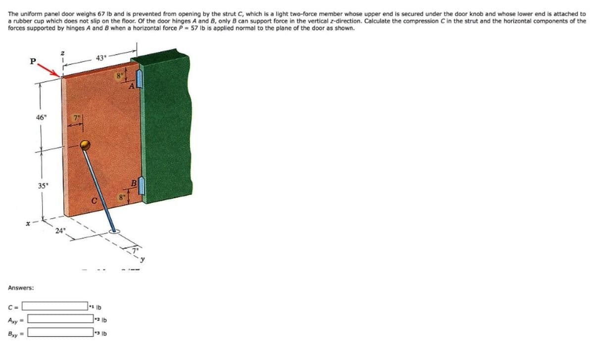 The uniform panel door weighs 67 Ib and is prevented from opening by the strut C, which is a light two-force member whose upper end
a rubber cup which does not slip on the floor. Of the door hinges A and B, only B can support force in the vertical z-direction. Calculate the compression C in the strut and the horizontal components of the
forces supported by hinges A and B when a horizontal force P = 57 Ib is applied normal to the plane of the door as shown.
secured under the door knob and whose lower end is attached to
43"
P
46"
35"
8"
24"
Answers:
C =
1 Ib
Axy
-2 lb
%3D
Byy =
3 Ib
