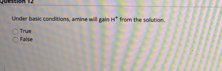 Question 12
Under basic conditions, amine will gain Ht from the solution.
O True
False
