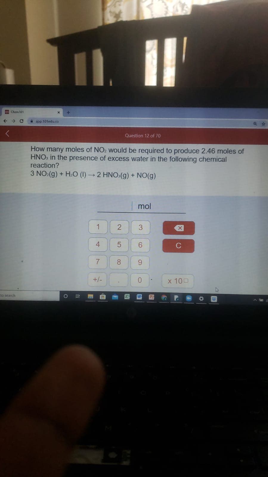 How many moles of NO2 would be required to produce 2.46 moles of
HNO: in the presence of excess water in the following chemical
reaction?
3 NO:(g) + H.O (1) → 2 HNO:(g) + NO(g)
