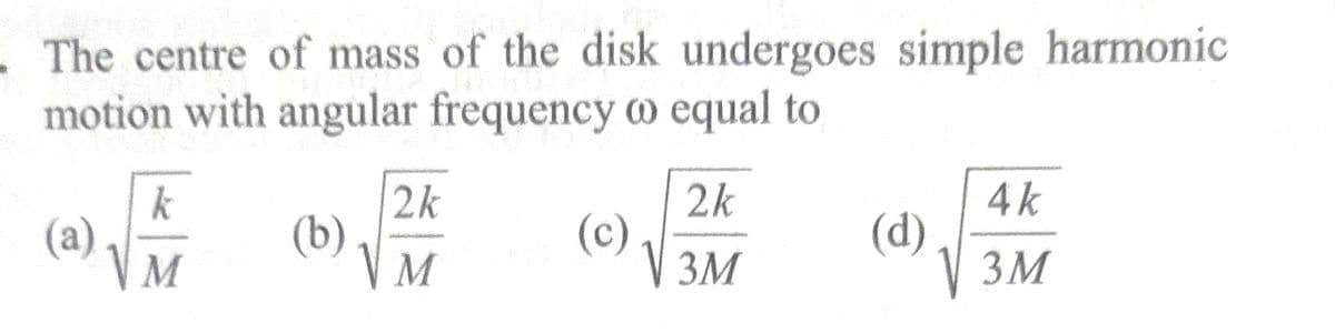 . The centre of mass of the disk undergoes simple harmonic
motion with angular frequency o equal to
(a)
k
M
(b)
2k
M
(c)
2k
V 3M
(d)
4k
3M