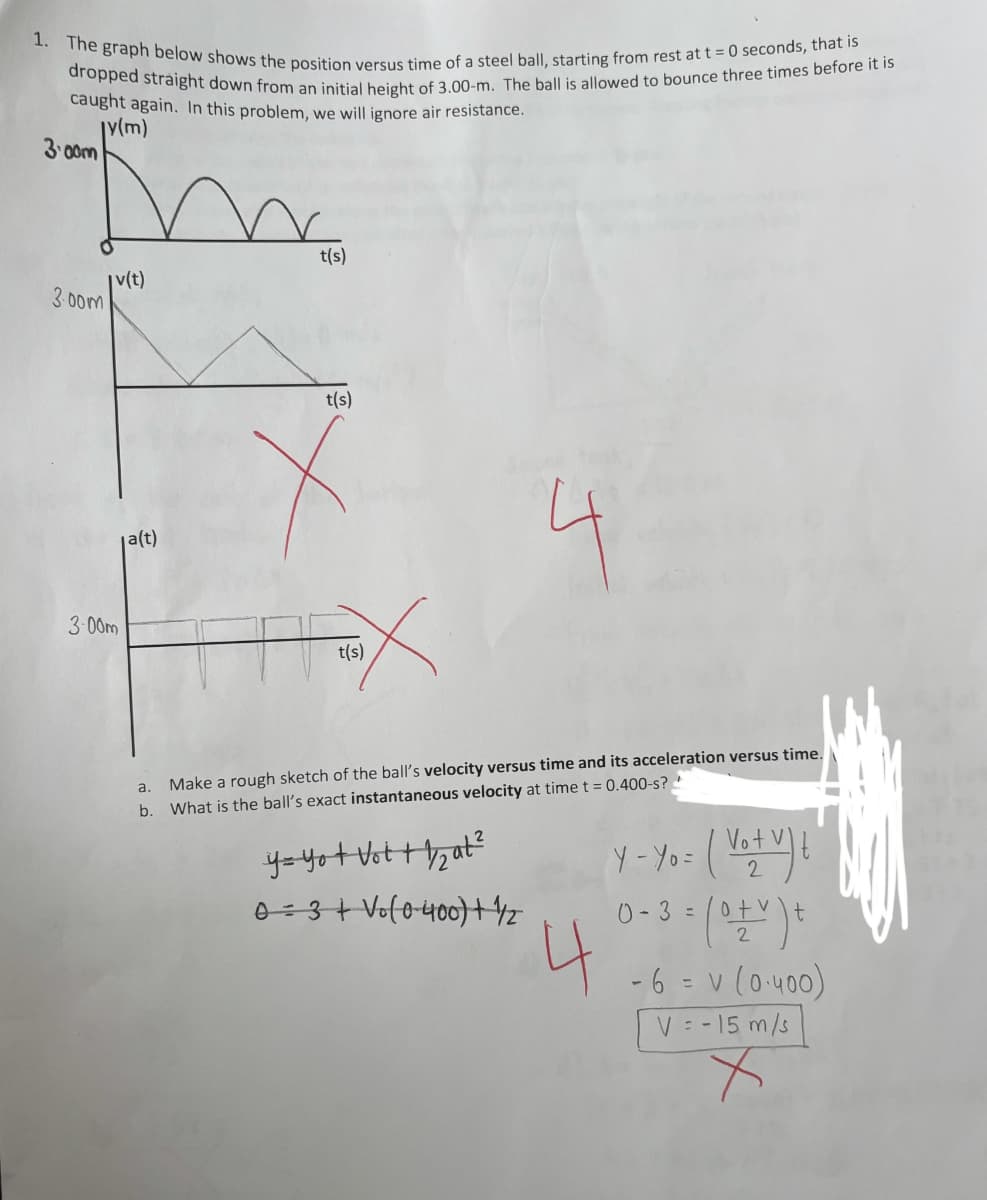 1. The graph below shows the position versus time of a steel ball, starting from rest at t = 0 seconds, that is
dropped straight down from an initial height of 3.00-m. The ball is allowed to bounce three times before it is
caught again. In this problem, we will ignore air resistance.
3.00m
Iy(m)
3.00m
Iv(t)
3.00m
a(t)
t(s)
t(s)
t(s)
4
a. Make a rough sketch of the ball's velocity versus time and its acceleration versus time.
b. What is the ball's exact instantaneous velocity at time t = 0.400-s?
y = yo+ Vot + 1/2 at ²
0 = 3 + Vo(0 400) + 1/2
4
Y - Yo = (Vo+V) t
0-3
- 3 = (0+✓ ) +
(알)+
2
-6 = v(0.400)
V=-15 m/s
