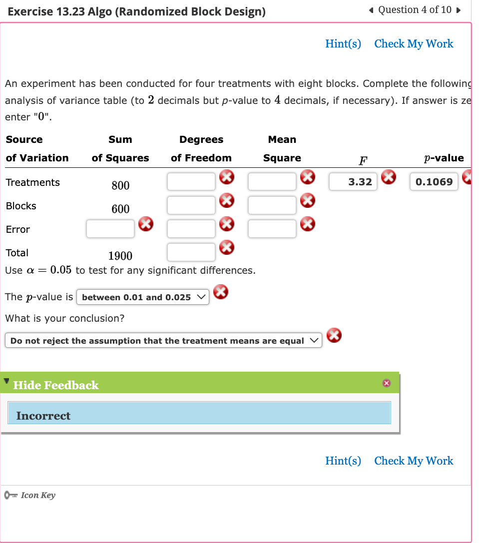 Exercise 13.23 Algo (Randomized Block Design)
Source
of Variation
An experiment has been conducted for four treatments with eight blocks. Complete the following
analysis of variance table (to 2 decimals but p-value to 4 decimals, if necessary). If answer is ze
enter "0".
Treatments
Blocks
Error
Sum
Degrees
of Squares of Freedom
Total
1900
Use a = 0.05 to test for any significant differences.
Hide Feedback
Incorrect
800
600
The p-value is between 0.01 and 0.025
What is your conclusion?
Do not reject the assumption that the treatment means are equal
Icon Key
Mean
Square
◄ Question 4 of 10 ►
Hint(s) Check My Work
F
3.32
p-value
0.1069
Hint(s) Check My Work