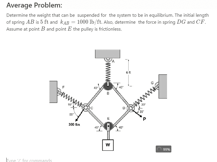 Average Problem:
Determine the weight that can be suspended for the system to be in equilibrium. The initial length
of spring AB is 5 ft and kAB = 1000 lb/ft. Also, determine the force in spring DG and CF.
Assume at point B and point E the pulley is frictionless.
6 ft
F
B
www
15
35
55
300 Ibs
45°
99%
Fyne / for sommands
