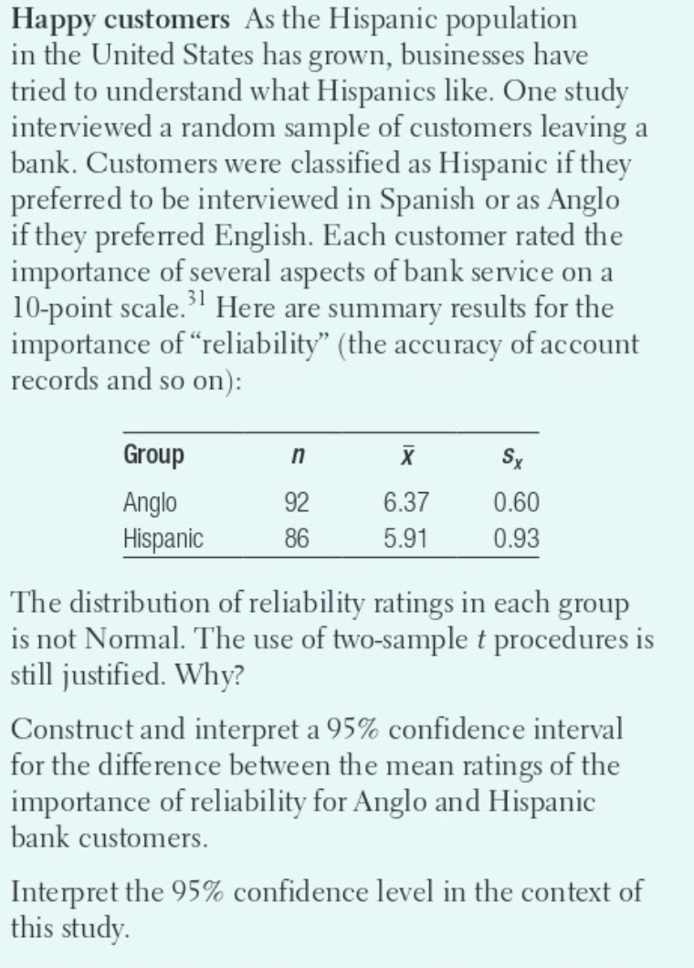 Happy customers As the Hispanic population
in the United States has grown, businesses have
tried to understand what Hispanics like. One study
interviewed a random sample of customers leaving a
bank. Customers were classified as Hispanic if they
preferred to be interviewed in Spanish or as Anglo
if they preferred English. Each customer rated the
importance of several aspects of bank service on a
10-point scale.³¹ Here are summary results for the
importance of "reliability" (the accuracy of account
records and so on):
Group
Anglo
Hispanic
n
92
86
X
6.37
5.91
Sx
0.60
0.93
The distribution of reliability ratings in each group
is not Normal. The use of two-sample t procedures is
still justified. Why?
Construct and interpret a 95% confidence interval
for the difference between the mean ratings of the
importance of reliability for Anglo and Hispanic
bank customers.
Interpret the 95% confidence level in the context of
this study.