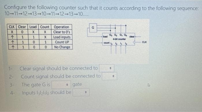 Configure the following counter such that it counts according to the following sequence:
10-11-12-13-10-11-12-13-10..
CLK Clear Load Count Operation
Clear to O's
Load inputs
X
X
O, o, o, 0
cdear
1.
load
4bt counter
Count UP
count 44
CLK
0.
0.
No Change
Clear signal should be connected to
Count signal should be connected to
1-
2-
3-
The gate G is
* gate
4-
Inputs I3lallo should be
11
