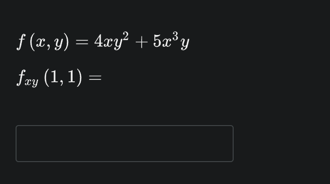f (x, y) = 4xy² + 5æ°y
fry (1, 1) =
