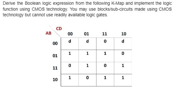 Derive the Boolean logic expression from the following K-Map and implement the logic
function using CMOS technology. You may use blocks/sub-circuits made using CMOS
technology but cannot use readily available logic gates.
CD
AB
00
01
11
10
d
d
d
00
1
01
1
1
11
10
