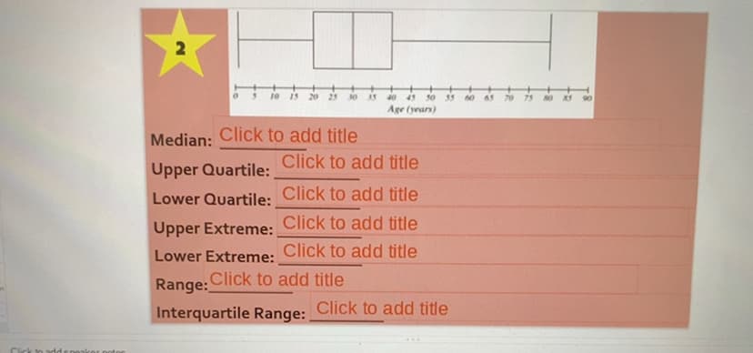 2
10 15
20 25
30
35 40 45 s0
35 60
65
70
AS 90
Age (years)
Median:
Click to add title
Upper Quartile: Click to add title
Lower Quartile: Click to add title
Click to add title
Upper Extreme:
Lower Extreme:
Click to add title
Range: Click to add title
Interquartile Range: Click to add title
Click to add
