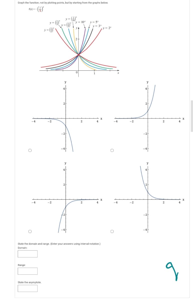 Graph the function, not by plotting points, but by starting from the graphs below.
f(x) = -
y = ()
y = 10*
y = ()
y = 5*
! y= 3*
y = 2"
y = 4"
„)= -
2
-4
-4
-2
2
-4
-2
State the domain and range. (Enter your answers using interval notation.)
Domain:
Range:
State the asymptote.
