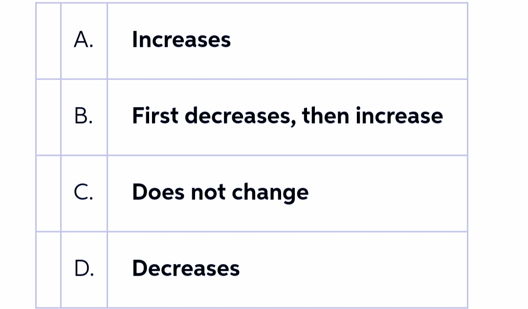 А.
Increases
В.
First decreases, then increase
С.
Does not change
D.
Decreases
A.
