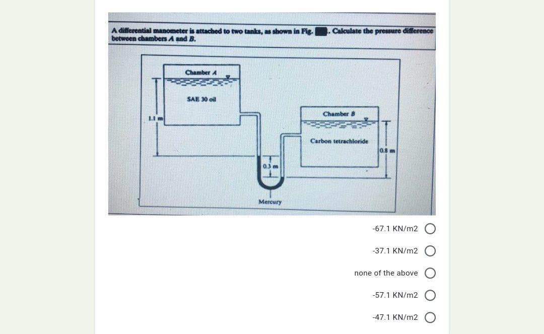 A differential manometer is attached to two tanks, as shown in Fig.
between chambers A and B.
1.1
Chamber A
SAE 30 oil
Mercury
Calculate the pressure difference
Chamber B
Carbon tetrachloride
0.8 m
-67.1 KN/m2
-37.1 KN/m2
none of the above
-57.1 KN/m2
-47.1 KN/m2