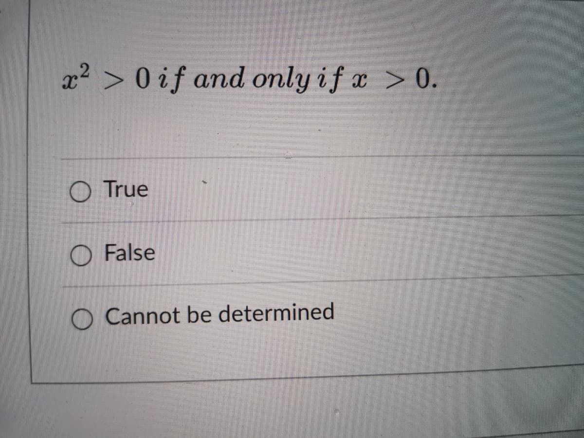 x2 > 0 if and only if x > 0.
O True
O False
O Cannot be determined
