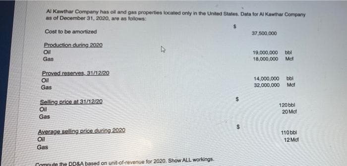 Al Kawthar Company has oil and gas properties located only in the United States. Data for Al Kawthar Company
as of December 31, 2020, are as follows:
Cost to be amortized
37,500,000
Production during 2020
Oil
19,000,000 bbl
18,000,000 Mct
Gas
Proved reserves, 31/12/20
Oil
Gas
14,000,000
32,000,000 Mcf
bbl
Selling price at 31/12/20
Oil
120 bbl
20 Mct
Gas
Average selling price during 2020
Oil
110 bbl
12 Mct
Gas
Compute the DD&A based on unit-of-revenue for 2020. Show ALL workings.
