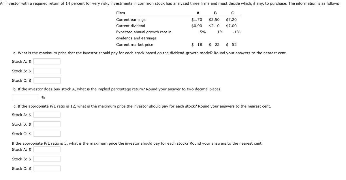 An investor with a required return of 14 percent for very risky investments in common stock has analyzed three firms and must decide which, if any, to purchase. The information is as follows:
Firm
Current earnings
Current dividend
Expected annual growth rate in
dividends and earnings
Current market price
$18 $ 22 $ 52
a. What is the maximum price that the investor should pay for each stock based on the dividend-growth model? Round your answers to the nearest cent.
Stock A: $
Stock B: $
A
B
с
$1.70 $3.50
$7.20
$0.90 $2.10 $7.00
-1%
%
5%
Stock C: $
b. If the investor does buy stock A, what is the implied percentage return? Round your answer to two decimal places.
Stock C: $
1%
c. If the appropriate P/E ratio is 12, what is the maximum price the investor should pay for each stock? Round your answers to the nearest cent.
Stock A: $
Stock B: $
Stock C: $
If the appropriate P/E ratio is 3, what is the maximum price the investor should pay for each stock? Round your answers to the nearest cent.
Stock A: $
Stock B: $