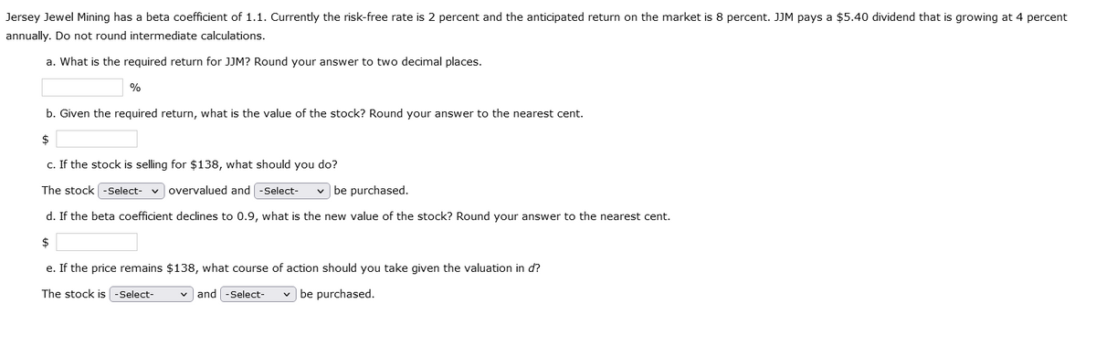 Jersey Jewel Mining has a beta coefficient of 1.1. Currently the risk-free rate is 2 percent and the anticipated return on the market is 8 percent. JJM pays a $5.40 dividend that is growing at 4 percent
annually. Do not round intermediate calculations.
a. What is the required return for JJM? Round your answer to two decimal places.
%
b. Given the required return, what is the value of the stock? Round your answer to the nearest cent.
$
c. If the stock is selling for $138, what should you do?
The stock -Select-
overvalued and -Select- ✓ be purchased.
d. If the beta coefficient declines to 0.9, what is the new value of the stock? Round your answer to the nearest cent.
$
e. If the price remains $138, what course of action should you take given the valuation in d?
The stock is -Select-
and -Select- ✓ be purchased.