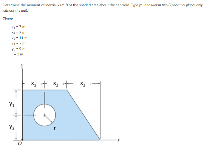 Determine the moment of inertia Ix (m.4) of the shaded area about the centroid. Type your answer in two (2) decimal places only
without the unit.
Given:
X1 = 7 m
X2 = 7 m
X3 = 11 m
Y1 = 7 m
Y2 = 9 m
r= 3 m
y
Y1
Y2
