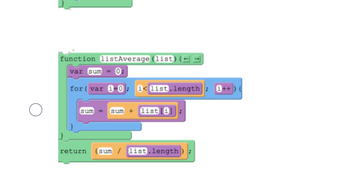 function listAverage (list){=
var sum
for ( var 1-0; 1< list.length]; 0++|) {
sum =
sum + list [8)
sum / list.length ) ;
return
