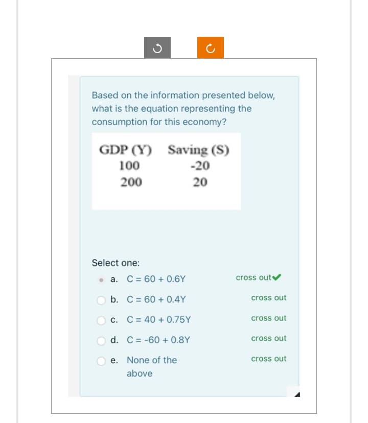 Based on the information presented below,
what is the equation representing the
consumption for this economy?
GDP (Y) Saving (S)
100
-20
200
20
Select one:
a. C= 60+ 0.6Y
b. C= 60+ 0.4Y
c. C= 40 +0.75Y
d. C = -60+ 0.8Y
e. None of the
above
cross out✔
cross out
cross out
cross out
cross out