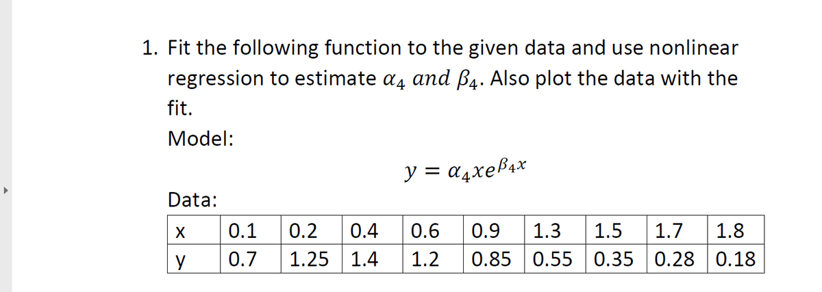 1. Fit the following function to the given data and use nonlinear
regression to estimate a4 and B4. Also plot the data with the
fit.
Model:
y = a4xeB4x
Data:
0.1
0.2
0.4
0.6
0.9
1.3
1.5
1.7
1.8
y
0.7
1.25 1.4
1.2
0.85
0.55 0.35 0.28 0.18
