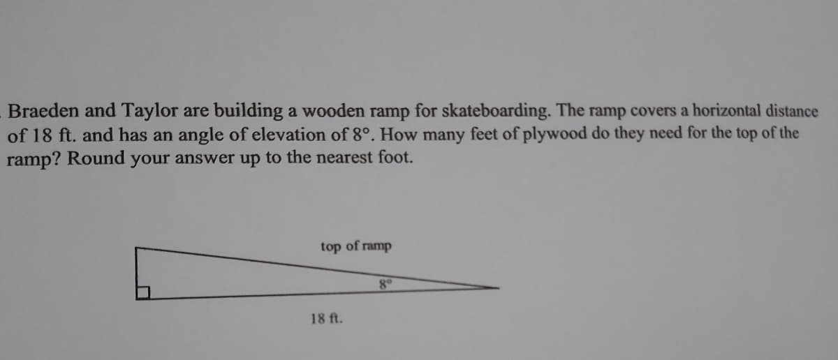 Braeden and Taylor are building a wooden ramp for skateboarding. The ramp covers a horizontal distance
of 18 ft. and has an angle of elevation of 8°. How many feet of plywood do they need for the top of the
ramp? Round your answer up to the nearest foot.
top of ramp
8°
18 ft.
