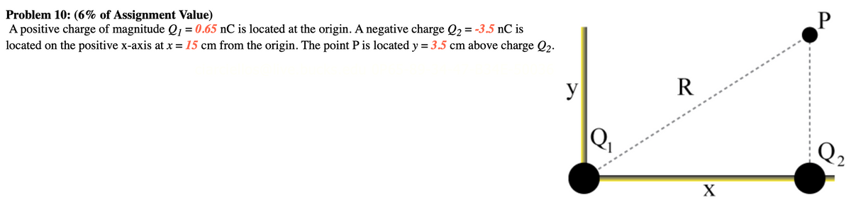 Problem 10: (6% of Assignment Value)
A positive charge of magnitude Q₁ = 0.65 nC is located at the origin. A negative charge Q₂ = -3.5 nC is
located on the positive x-axis at x = 15 cm from the origin. The point P is located y = 3.5 cm above charge Q2.
P
y
R
Q
Q₂
X