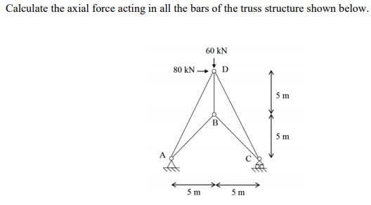 Calculate the axial force acting in all the bars of the truss structure shown below.
60 kN
80 kN D
5 m
B
5 m
5 m
5 m
