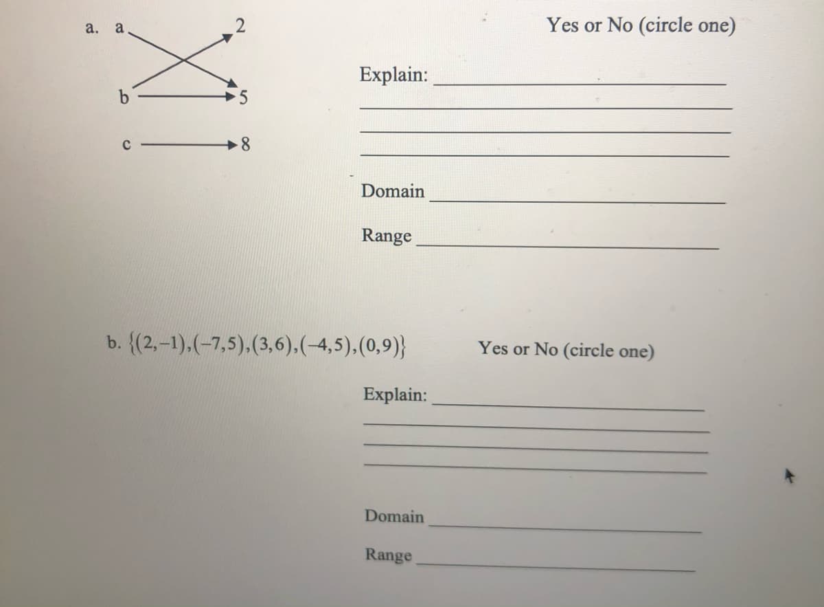 а. а
Yes or No (circle one)
Explain:
b
Domain
Range
b. {(2,-1).(-7,5).(3,6).(-4,5),(0,9)}
Yes or No (circle one)
Explain:
Domain
Range
