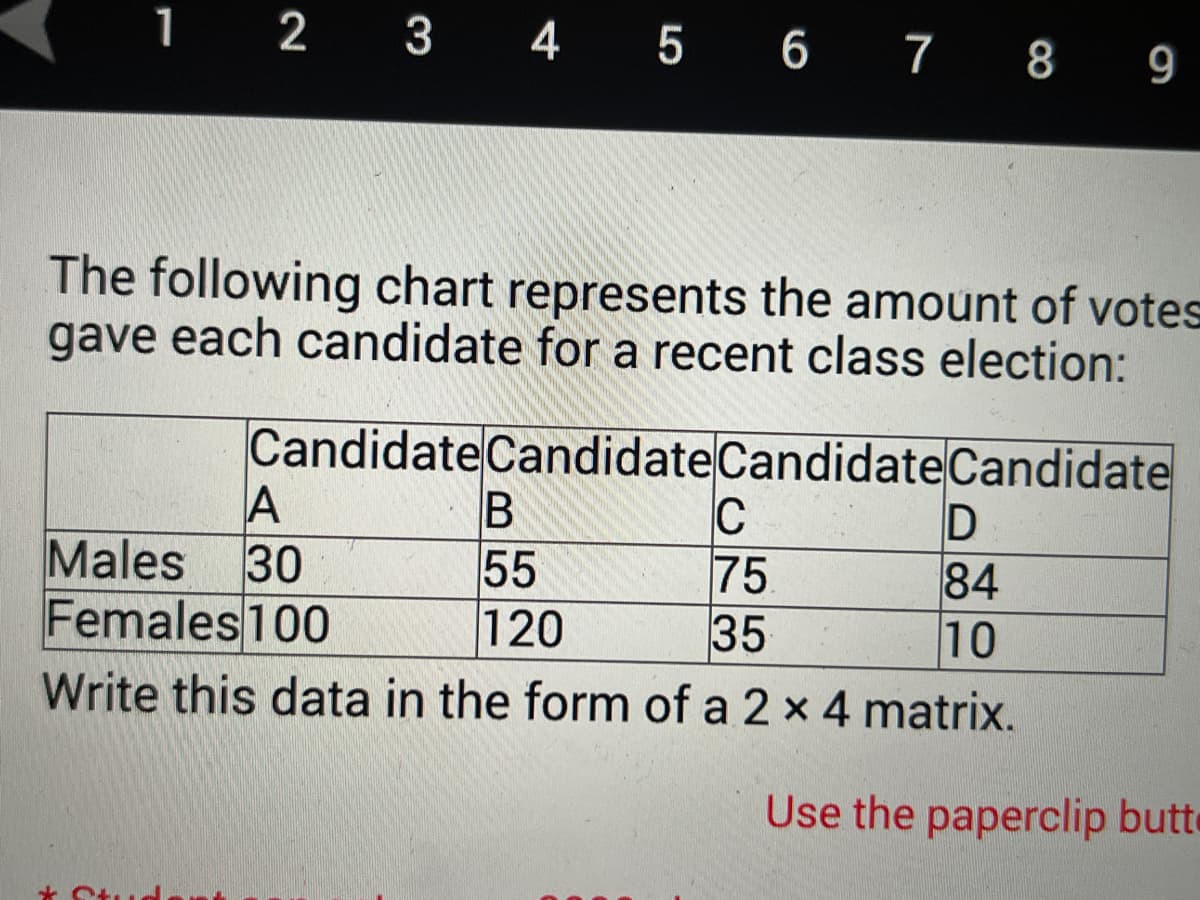 1 2 3
3 4 5 6 7 8 9
The following chart represents the amount of votes
gave each candidate for a recent class election:
Candidate Candidate Candidate Candidate
A
C
D
Males 30
75
84
Females 100
35
10
Write this data in the form of a 2 x 4 matrix.
B
55
120
Use the paperclip butt