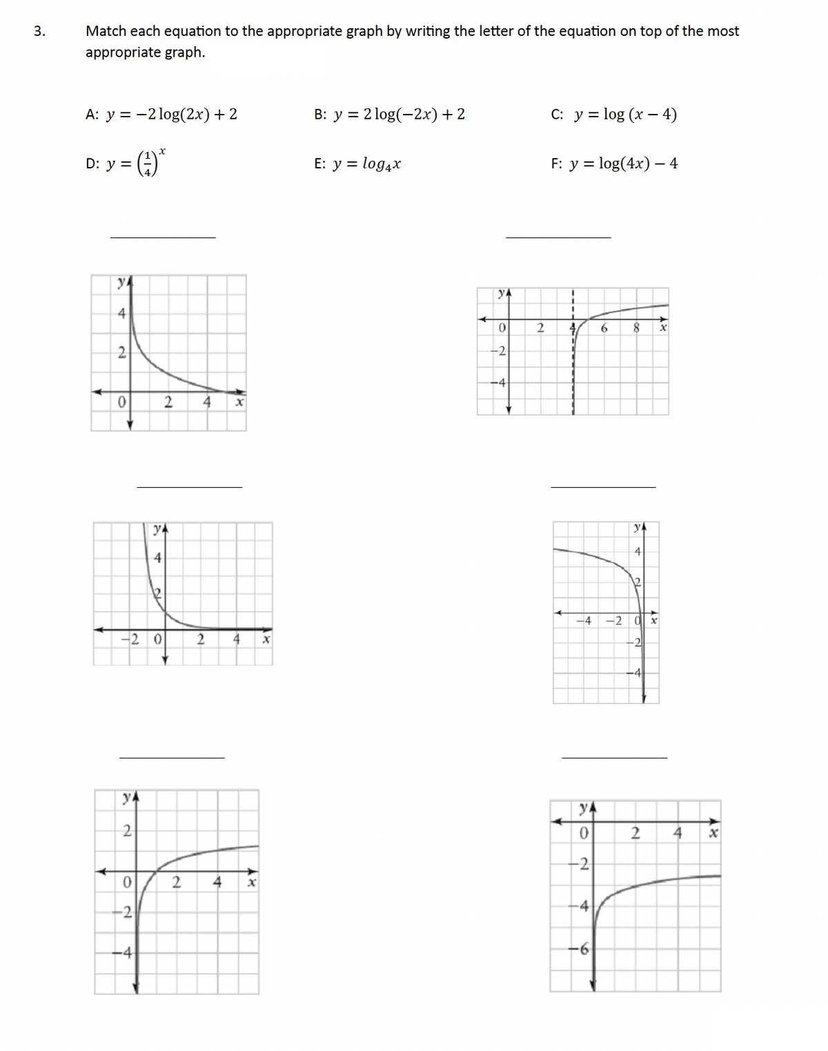 3.
Match each equation to the appropriate graph by writing the letter of the equation on top of the most
appropriate graph.
A: y = -2 log(2x) + 2
(-3)*
D: y =
y
41
2
0
-20
à
34
2
0
-2
y
4
-4
2 4
2
2
4
4
x1
x
B: y = 2log(-2x) + 2
E: y = log4x
ya
0
-2
-4
C: y = log (x-4)
F: y = log(4x) - 4
2 4
I
T
4
-4
y
0
-2
-4
-6
6
8
yk
4
1222
-2 d x
-2
-4
2
x
4
x