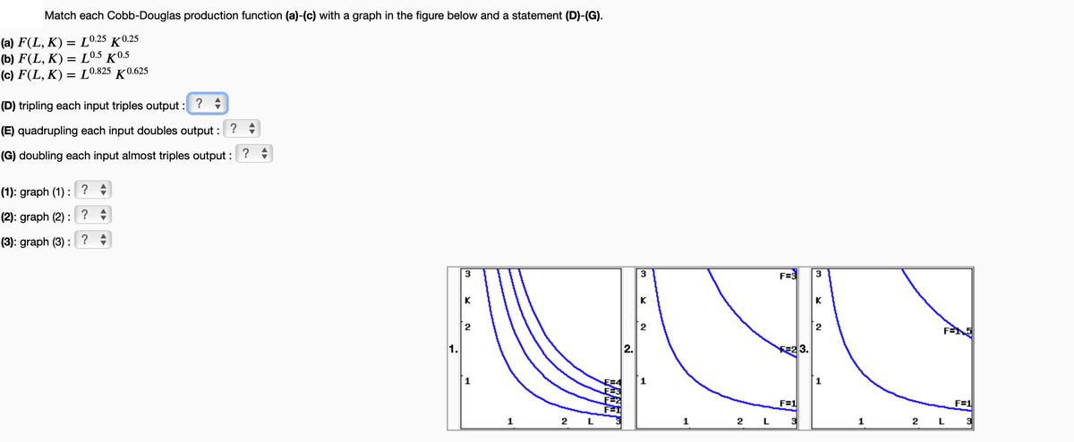 Match each Cobb-Douglas production function (a)-(c) with a graph in the figure below and a statement (D)-(G).
(a) F(L, K) = L0.25 K0.25
(b) F(L, K) = L0.5 K0.5
(c) F(L, K) = L0.825 0.625
(D) tripling each input triples output: ? -
(E) quadrupling each input doubles output: ?
(G) doubling each input almost triples output: ?
(1): graph (1): ?
(2): graph (2):
?
(3): graph (3):
?
1.
3
K
2
1
2
L
2.
K
2
1
2
L
F=3
23.
F=1
3
K
2
1
2 L
F=1
3