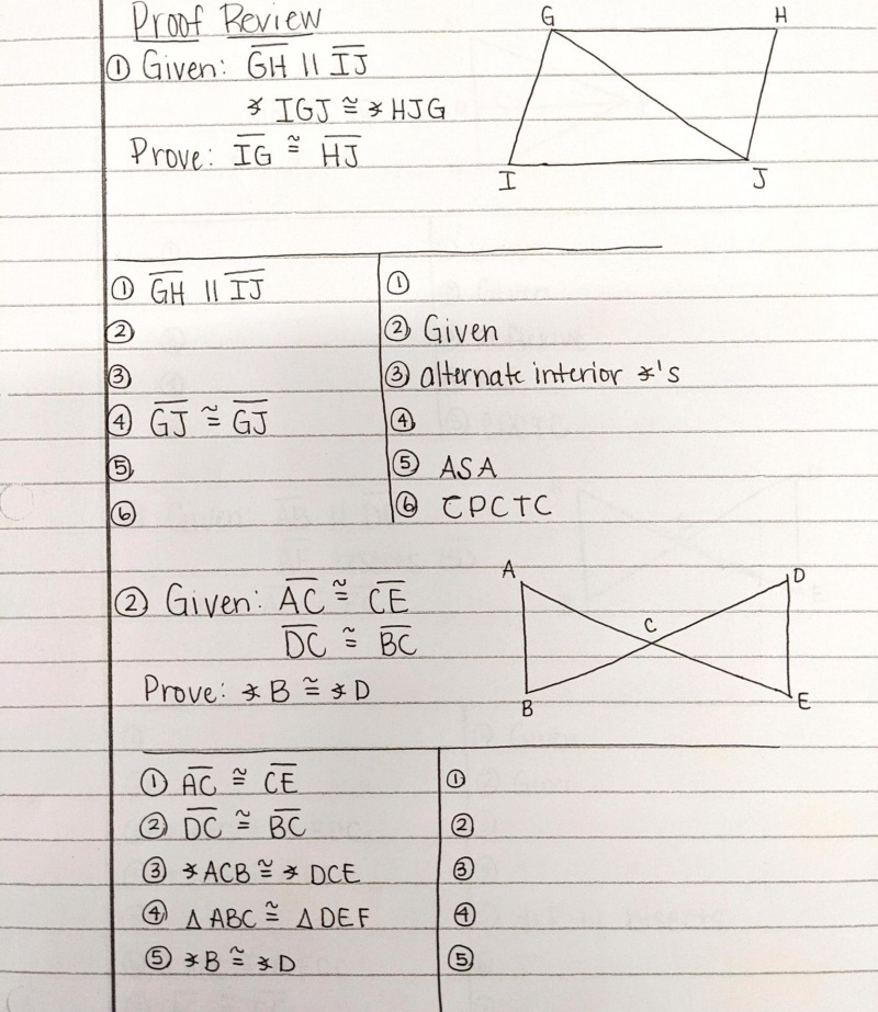 Proof Review
O Given: GH II IJ
3IGJ HJG
G
Prove: IG
HJ
I.
O GH II IJ
Given
alternate interior *'s
GJ GJ
ASA
CPCTC
A
2 Given: AC ČE
DC BC
C
Prove: B D
B.
O AC CE
O DC BC
2
3 ACB DCE
4
A ABC A DE F
6 3B = 3 D
5
