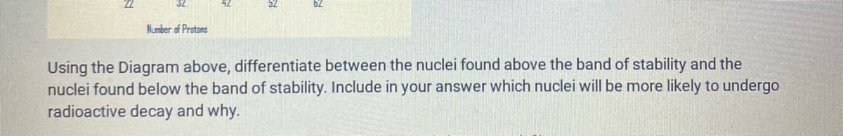 22
52
Number of Protons
Using the Diagram above, differentiate between the nuclei found above the band of stability and the
nuclei found below the band of stability. Include in your answer which nuclei will be more likely to undergo
radioactive decay and why.
