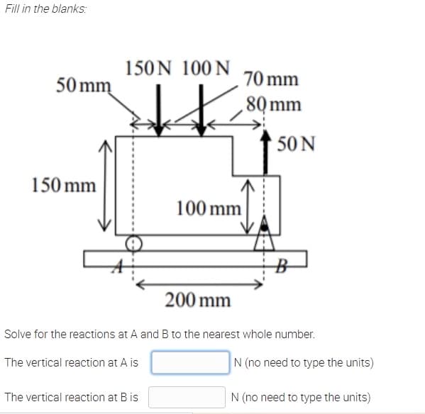 Fill in the blanks:
150N 100 N
70 mm
50 mm
8Q mm
50 N
150 mm
100 mm
200 mm
Solve for the reactions at A and B to the nearest whole number.
The vertical reaction at A is
N (no need to type the units)
The vertical reaction at B is
N (no need to type the units)
