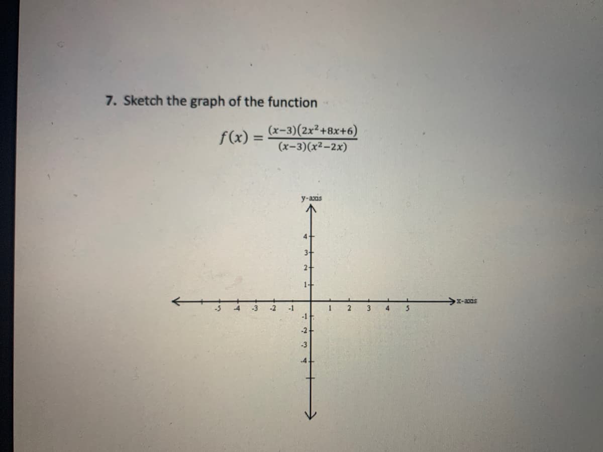 7. Sketch the graph of the function
f(x) :
(x-3)(2x²+8x+6)
(x-3)(x2-2x)
%3D
y-axis
4+
1--
>x-axis
-2
1
2
4
-1
-2
-3
4.
