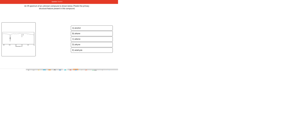 Question 13 of 21
An IR spectrum of an unknown compound is shown below. Predict the primary
structural feature present in this compound.
A) alcohol
B) alkane
C) alkene
D) alkyne
2000
Wavenumber (om)
4000
1500
1000
E) aldehyde
