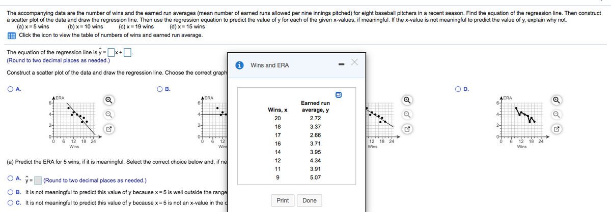 The accompanying data are the number of wins and the earned run averages (mean number of earned runs allowed per nine innings pitched) for eight baseball pitchers in a recent season. Find the equation of the regression line. Then construct
a scatter plot of the data and draw the regression line. Then use the regression equation to predict the value of y for each of the given x-values, if meaningful. If the x-value is not meaningful to predict the value of y, explain why not.
(a) x = 5 wins
(b) x = 10 wins
(c) x = 19 wins
(d) x = 15 wins
E Click the icon to view the table of numbers of wins and earned run average.
The equation of the regression line is y =x+
(Round to two decimal places as needed.)
1 Wins and ERA
Construct a scatter plot of the data and draw the regression line. Choose the correct graph
O A.
OB.
OD.
AERA
6-
AERA
6-
AERA
6-
Earned run
Wins, x
average, y
4-
4-
4-
20
2.72
2-
2-
18
3.37
2-
17
2.66
0-
0-
6 12
Wins
6
12 18 24
12
18 24
6 12 18 24
16
3.71
Wins
Wins
Wins
14
3.95
(a) Predict the ERA for 5 wins, if it is meaningful. Select the correct choice below and, if ne
12
4.34
11
3.91
5.07
O A. ý = (Round to two decimal places as needed.)
O B. It is not meaningful to predict this value of y because x= 5 is well outside the range
Print
Done
O C. It is not meaningful to predict this value of y because x =5 is not an x-value in the d
