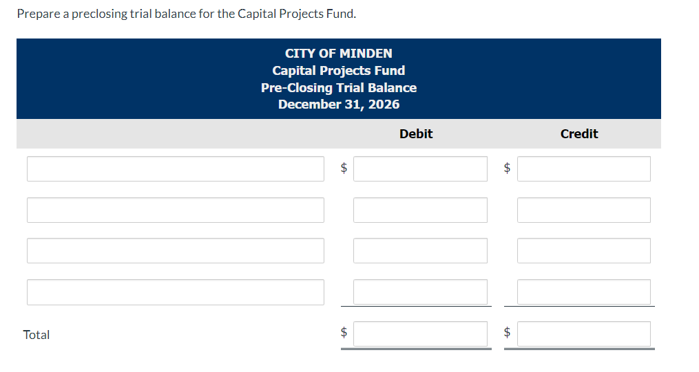 Prepare a preclosing trial balance for the Capital Projects Fund.
CITY OF MINDEN
Capital Projects Fund
Pre-Closing Trial Balance
December 31, 2026
Debit
Credit
$
$
Total
$
$