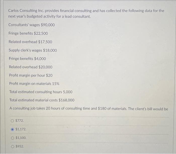 Carlos Consulting Inc. provides financial consulting and has collected the following data for the
next year's budgeted activity for a lead consultant.
Consultants' wages $90,000
Fringe benefits $22,500
Related overhead $17,500
Supply clerk's wages $18,000
Fringe benefits $4,000
Related overhead $20,000
Profit margin per hour $20
Profit margin on materials 15%
Total estimated consulting hours 5,000
Total estimated material costs $168,000
A consulting job takes 20 hours of consulting time and $180 of materials. The client's bill would be
$772.
$1,172.
$1,100.
$952.