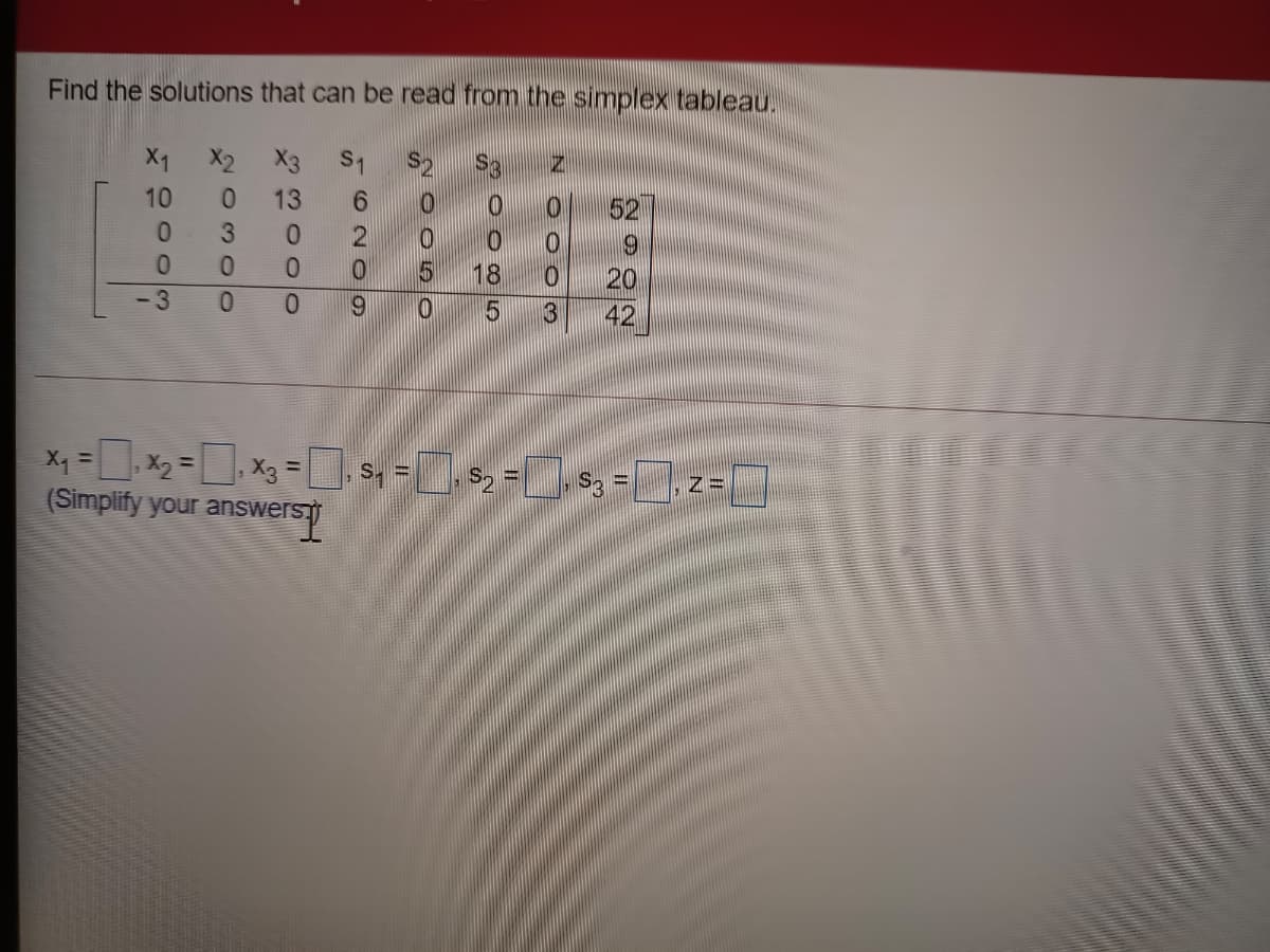 Find the solutions that can be read from the simplex tableau.
X1 X2
10
0.
13
6.
52
0.
3.
0.
69
0.
0.
20
<-3
0.
42
X =
%3D
= "S
(Simplify your answers
N O O Ao
