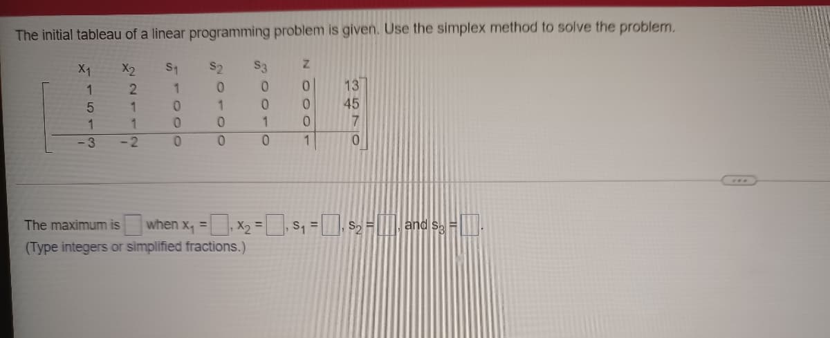 The initial tableau of a linear programming problem is given. Use the simplex method to solve the problem.
X1
X2
S1
S2
S3
1.
0.
0.
0.
13
1
45
1
1.
1
7
3
-2
0.
0.
1
The maximum is
when x, =, X2 = s, = S2 = |, and s =
%3D
%3D
(Type integers or simplified fractions.)
