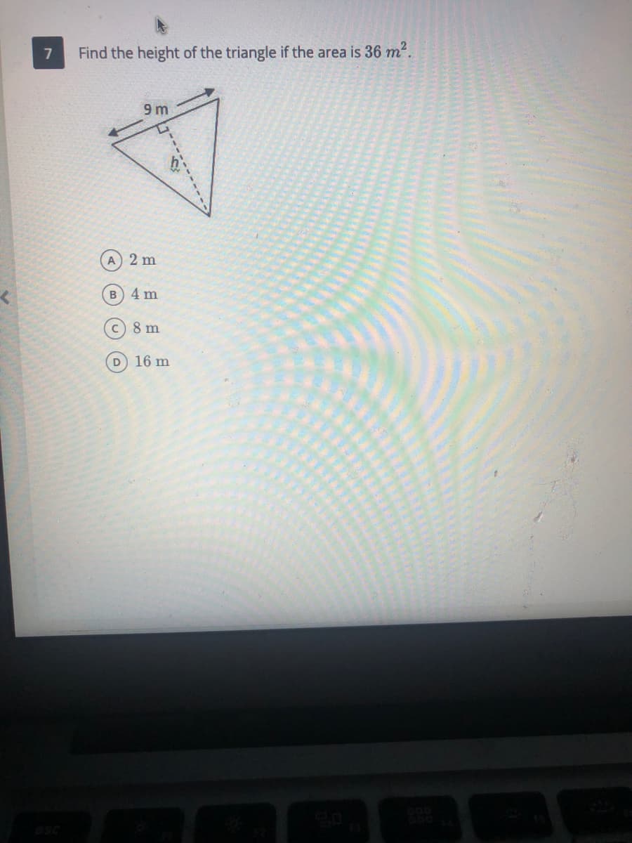 7
Find the height of the triangle if the area is 36 m2.
9 m
A 2 m
B 4 m
8 m
D 16 m
7------ ---
