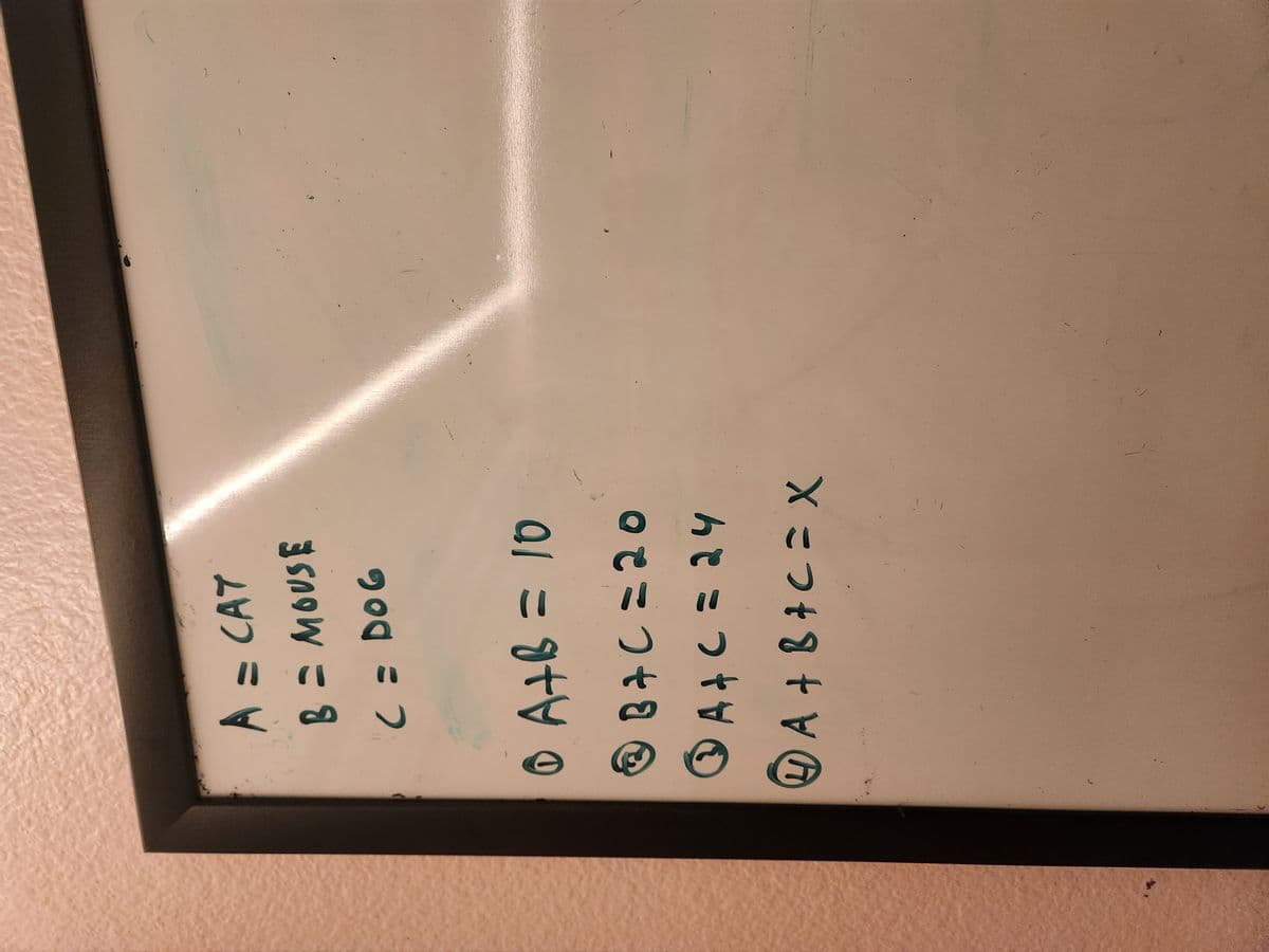 A = CAT
B = MOUSE
( = DOG
0 A+B = 10
ⒸB+C =20
@A+ C = 24
+ A + B + C = X
1
0
!