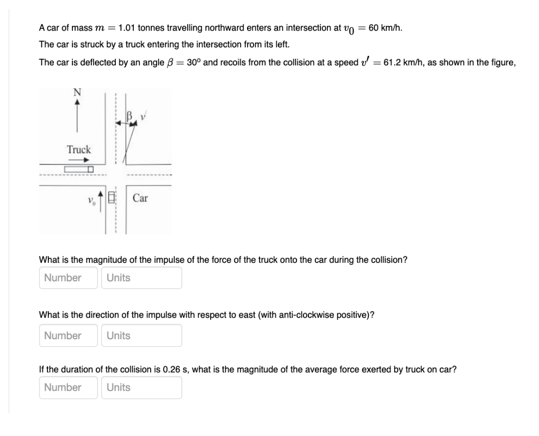 A car of mass m = 1.01 tonnes travelling northward enters an intersection at vo = 60 km/h.
The car is struck by a truck entering the intersection from its left.
The car is deflected by an angle 3 = 30° and recoils from the collision at a speed v = 61.2 km/h, as shown in the figure,
Z4
Truck
Car
What is the magnitude of the impulse of the force of the truck onto the car during the collision?
Number
Units
What is the direction of the impulse with respect to east (with anti-clockwise positive)?
Number
Units
If the duration of the collision is 0.26 s, what is the magnitude of the average force exerted by truck on car?
Number
Units